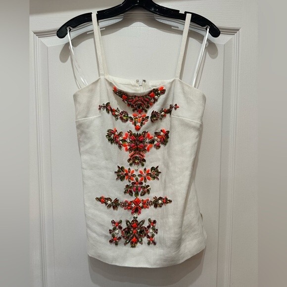 J. Crew Collection White Linen Beaded Top Size 4 - Picture 3 of 7